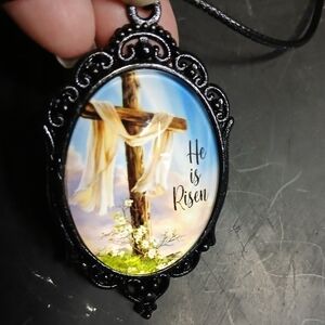 Black cord and pendant cross he is risen Christian catholic cameo necklace